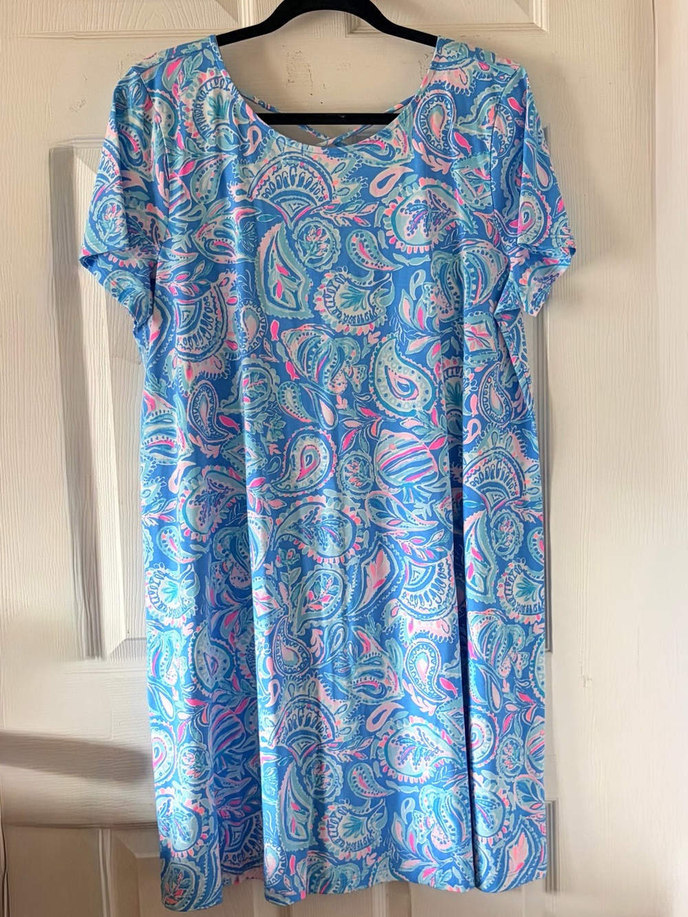 Lilly Pulitzer Blue Paisley Short Sleeve Midi Dress with Pink Accents Sz XXL